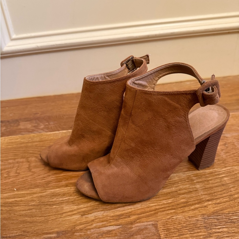 Brown Suede Heeled Boots with Open Toe
